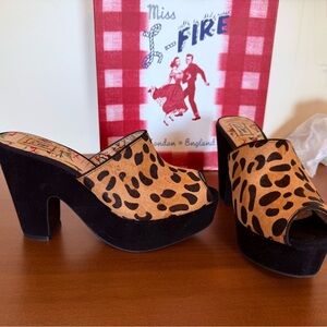 Miss L Fire retro leopard print suede platform mule heels.